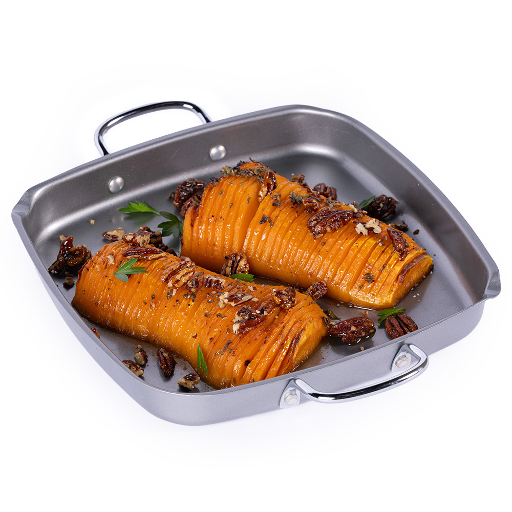 Honey Cider Hasselback Butternut Squash with Spiced Pecans