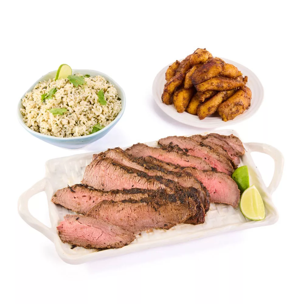 Caribbean Sliced Tri Tip, Sweet and Spicy Jerk Plantains, Cilantro Lime Rice