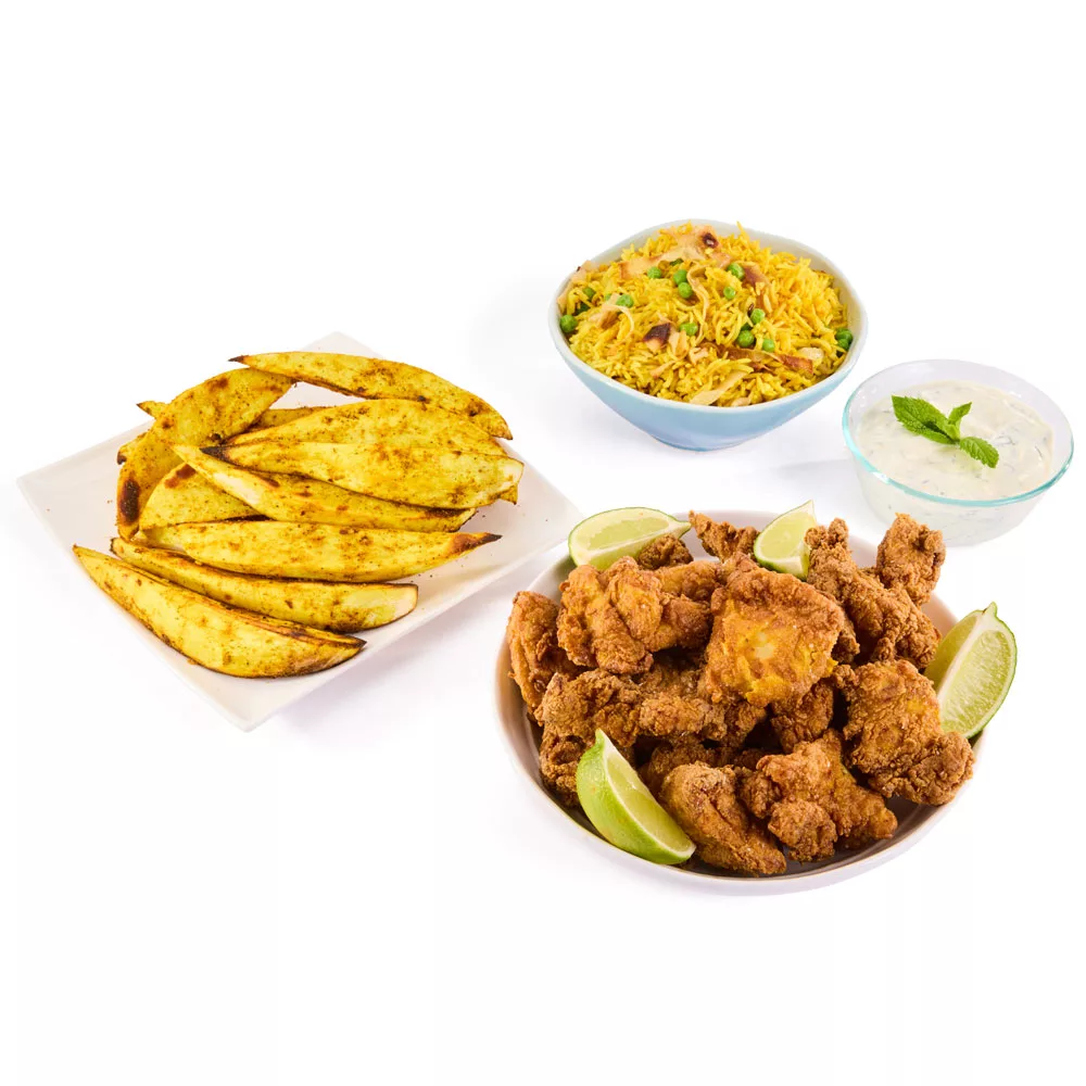 Crispy Curry Chicken with Curried Sweet Potatoes and Pulao Rice